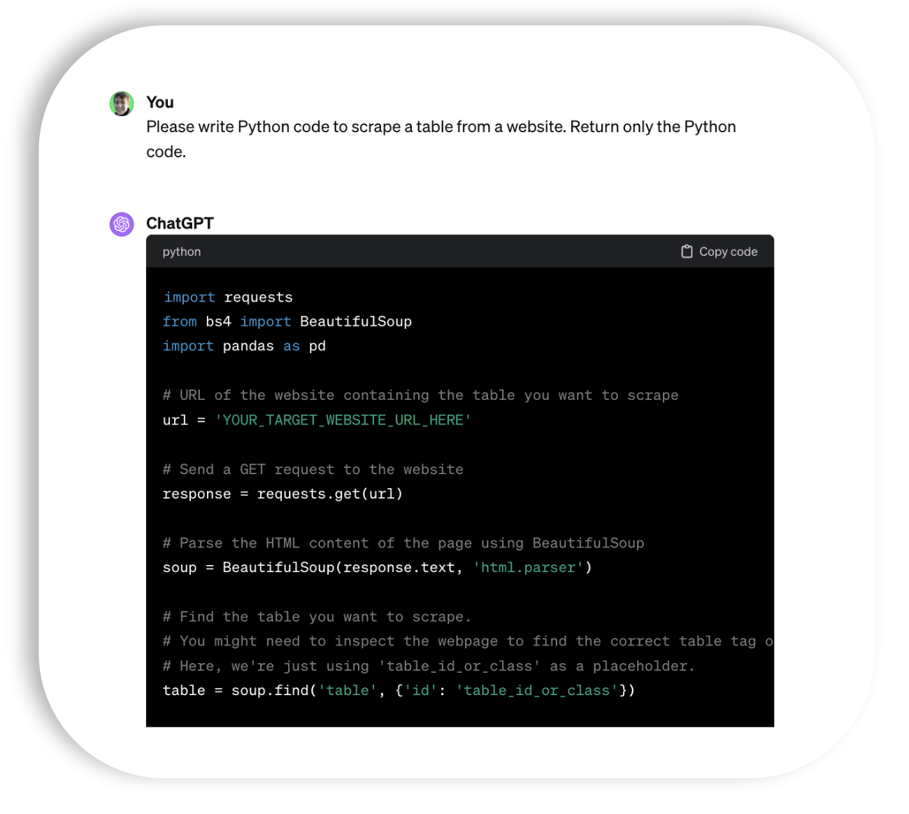 An example of using ChatGPT to generate code to scrape a table from a website.