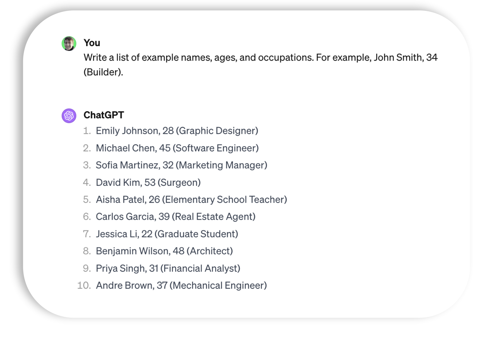 Prompt and response of example names and occupations.