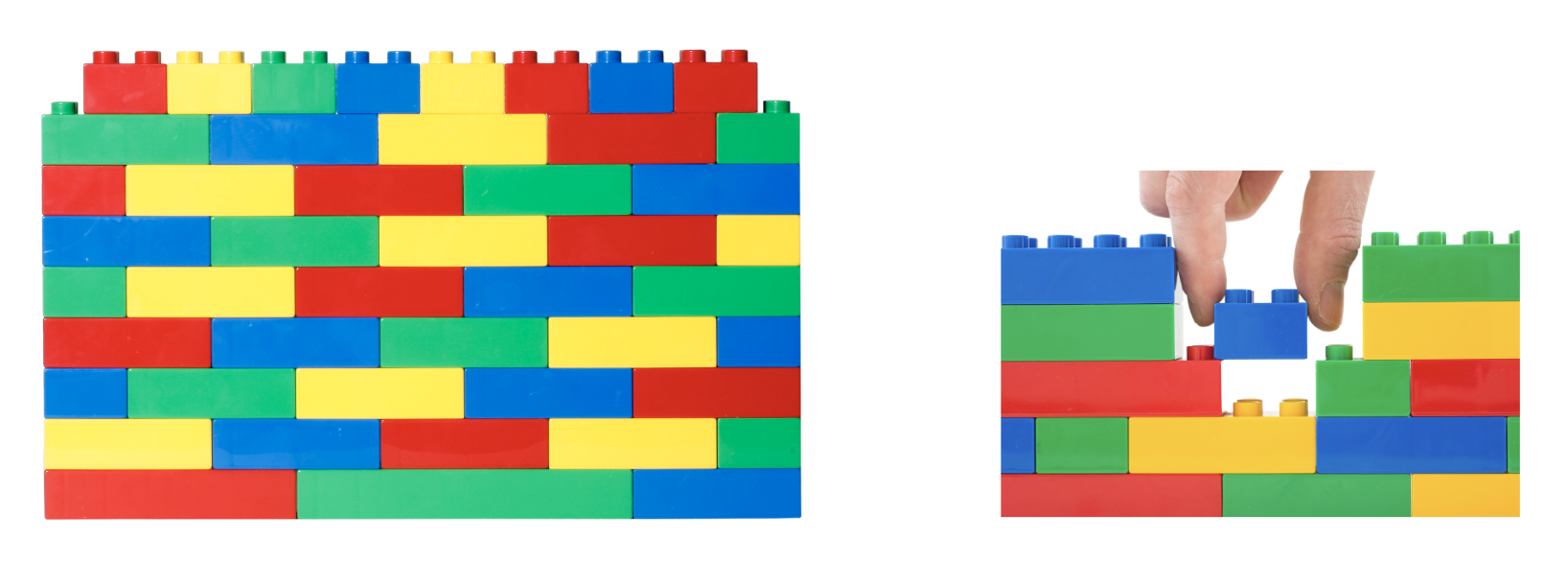 A large building block wall and an incomplete wall with a piece being inserted into a gap.