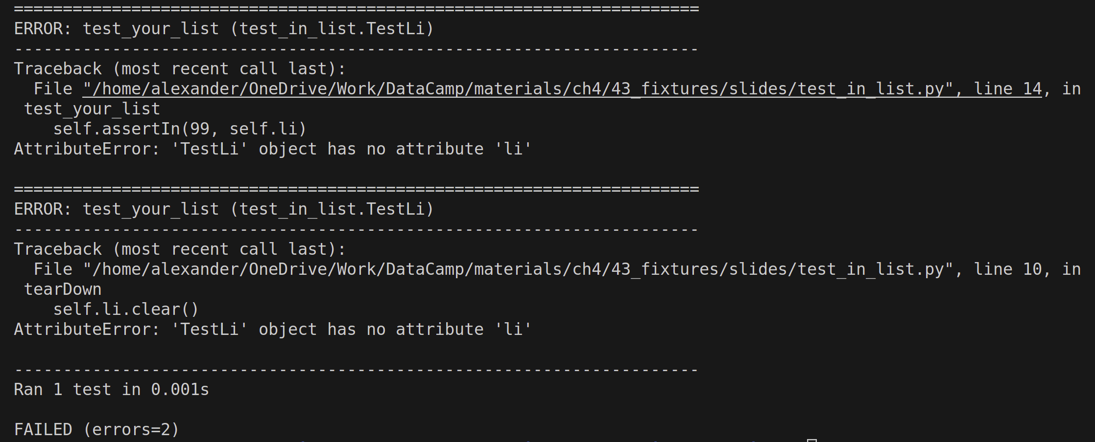 output of a run with a fixture with a wrong name