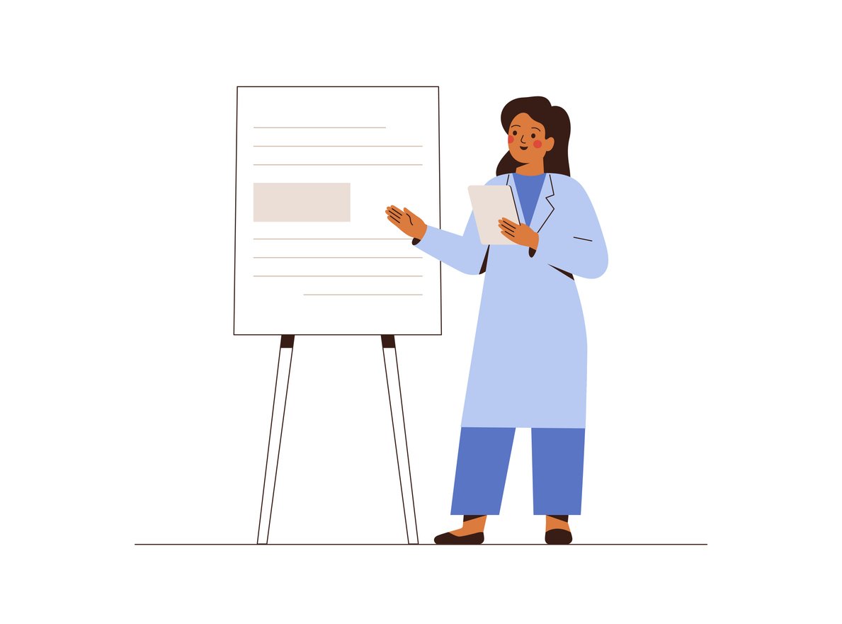 doctor gesturing to a chart with listed information