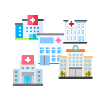Illustration of five various hospital exteriors