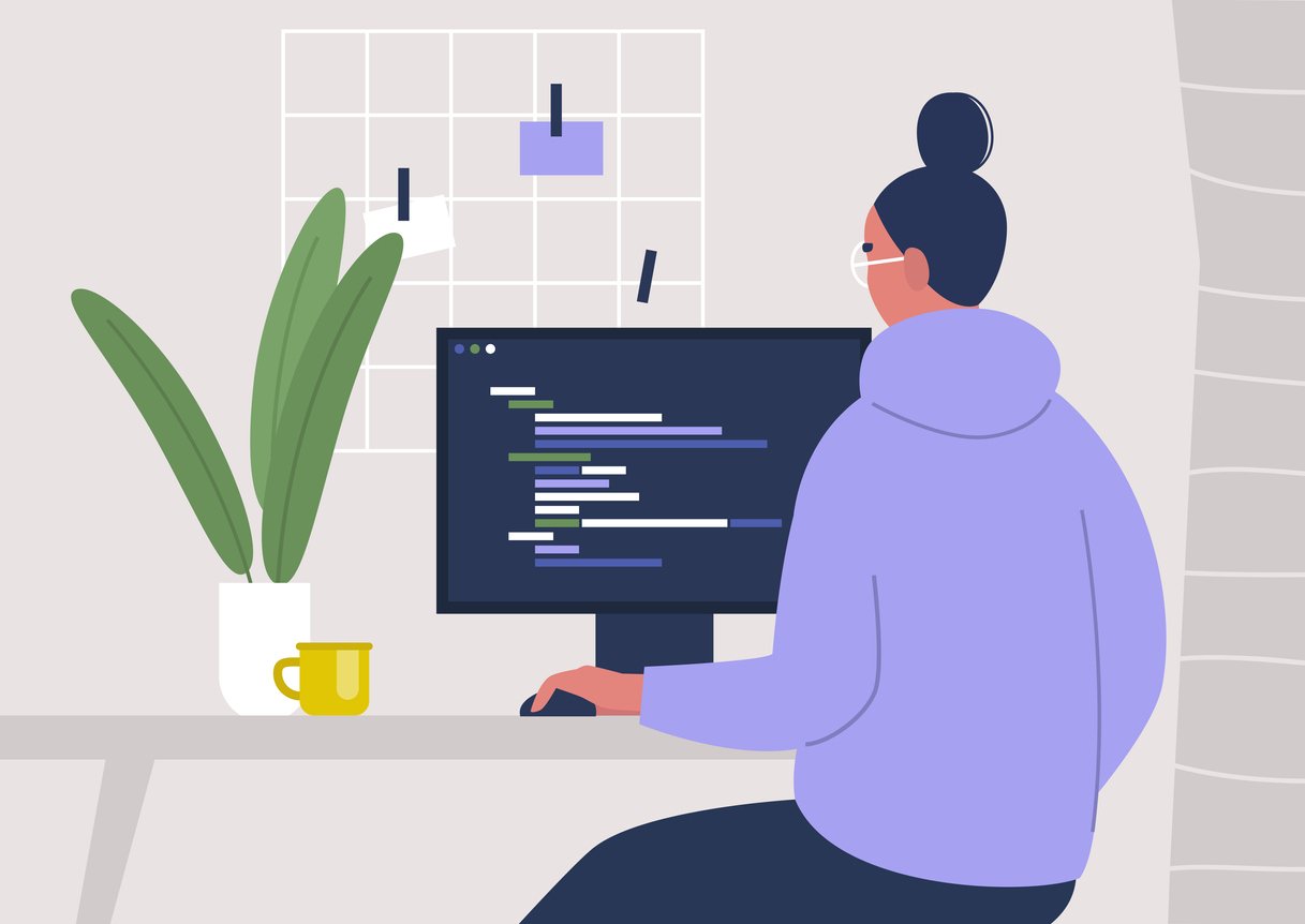 Young female character writing code on a desktop computer