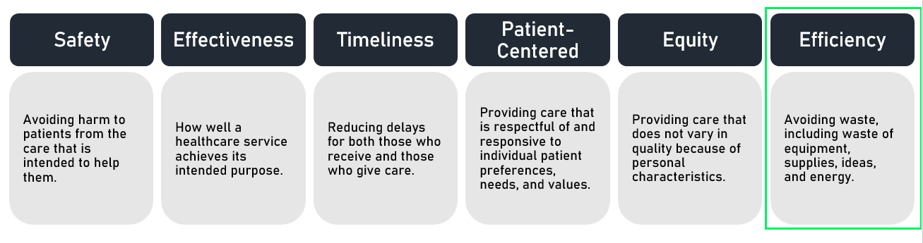 Institute of Medicine (IOM) quality framework listing the six domains of healthcare quality, with Efficiency domain highlighted