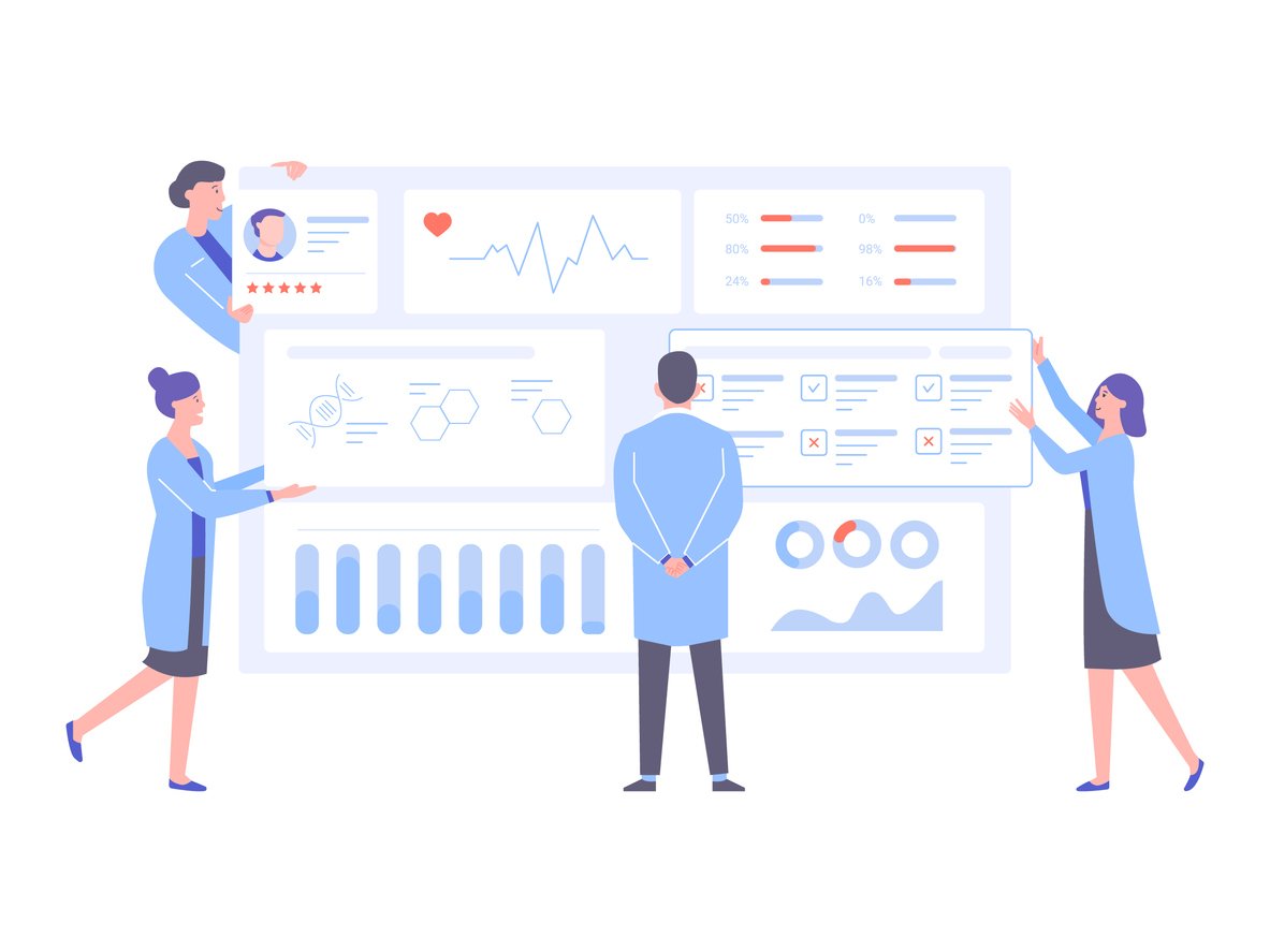 Illustration of four healthcare professionals looking at a medical data dashboard