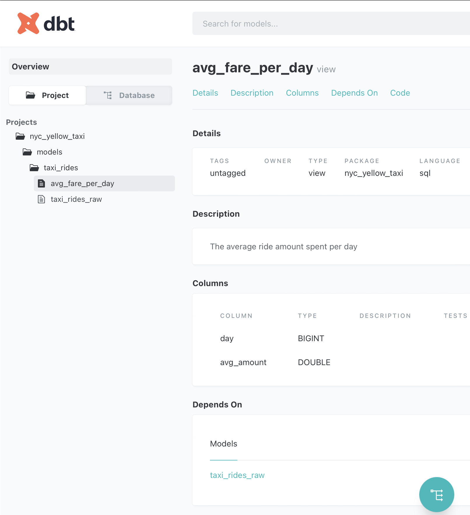 dbt documentation view