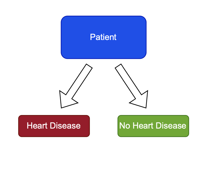 A flowchart showing the binary classification process of heart/disease / no heart disease given the patient data
