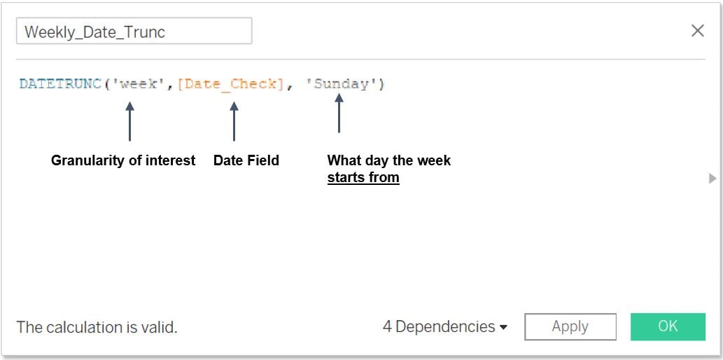 Calculated field showing how the DATETRUNC function is utilized