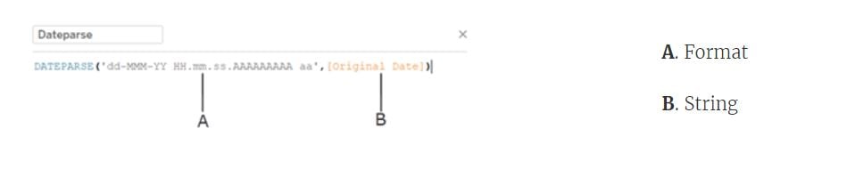 Calculated field example showing how DATEPARSE interprets each component of a date time string