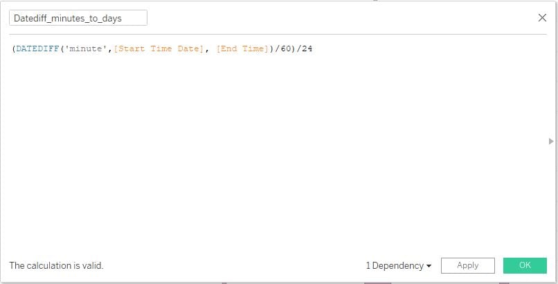 Tableau calculated field showing the difference using DATEDIFF and how this returns the exact amount of time elapsed beween two date fields