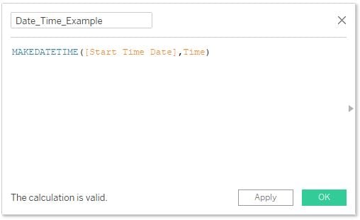 Tableau calculated field showing the date and time arguments required for the make time function