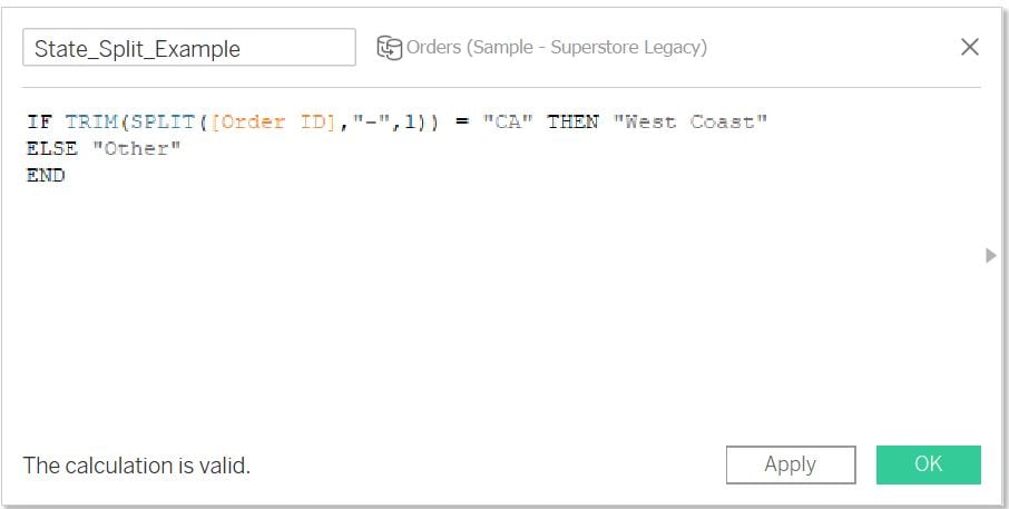Calculated field showing how Trim and Split are used together in a nested function