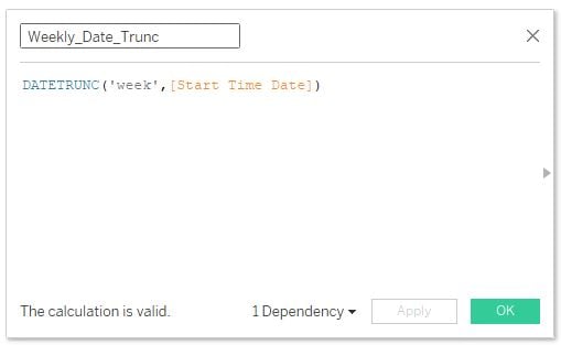 Tableau calculated field showing how the date truncation functions work to return weekly data only