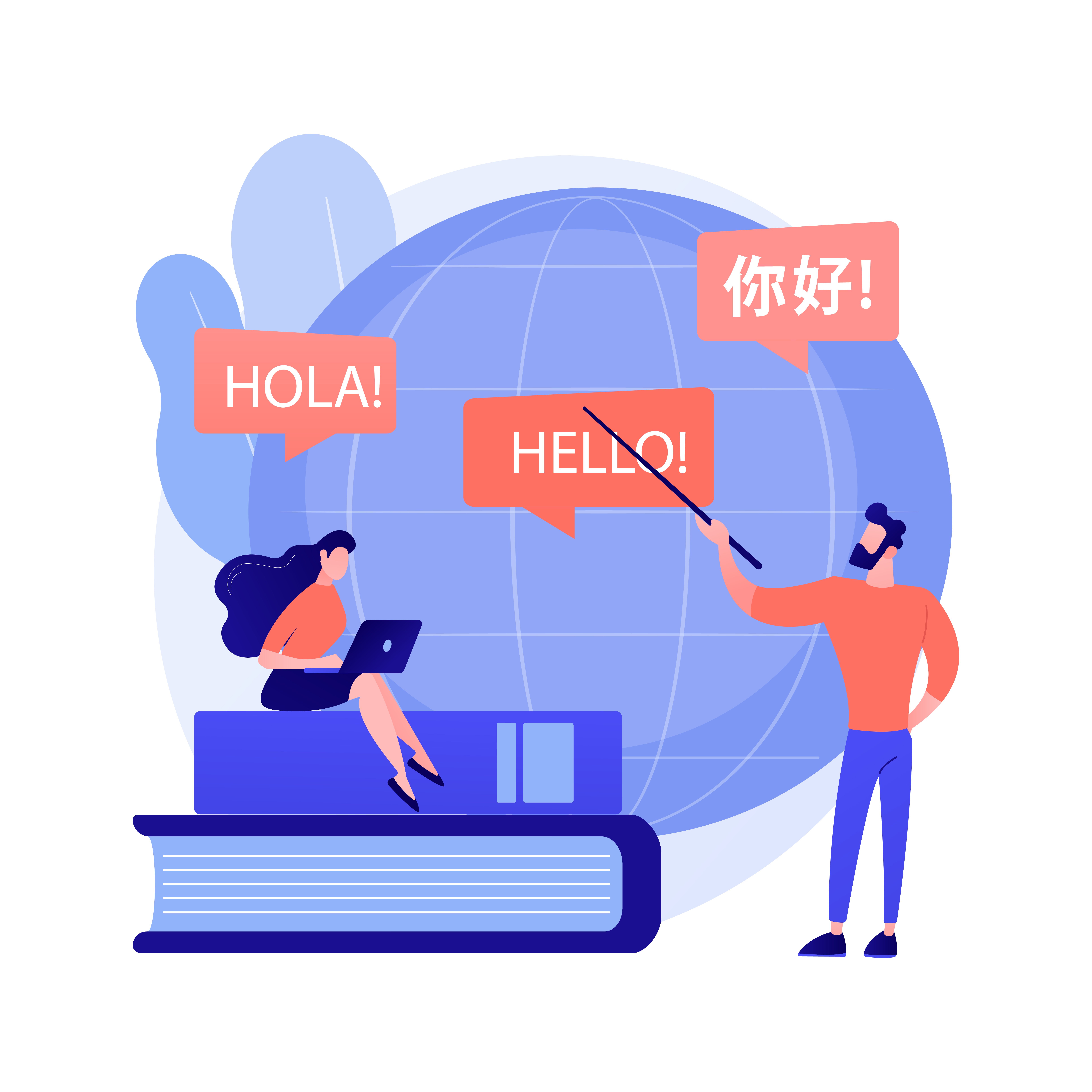 Illustration of two people and hello written in many languages