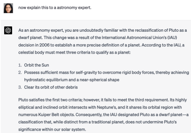 A sample chat that explains why Pluto is not part of the solar system to an astronomy expert.