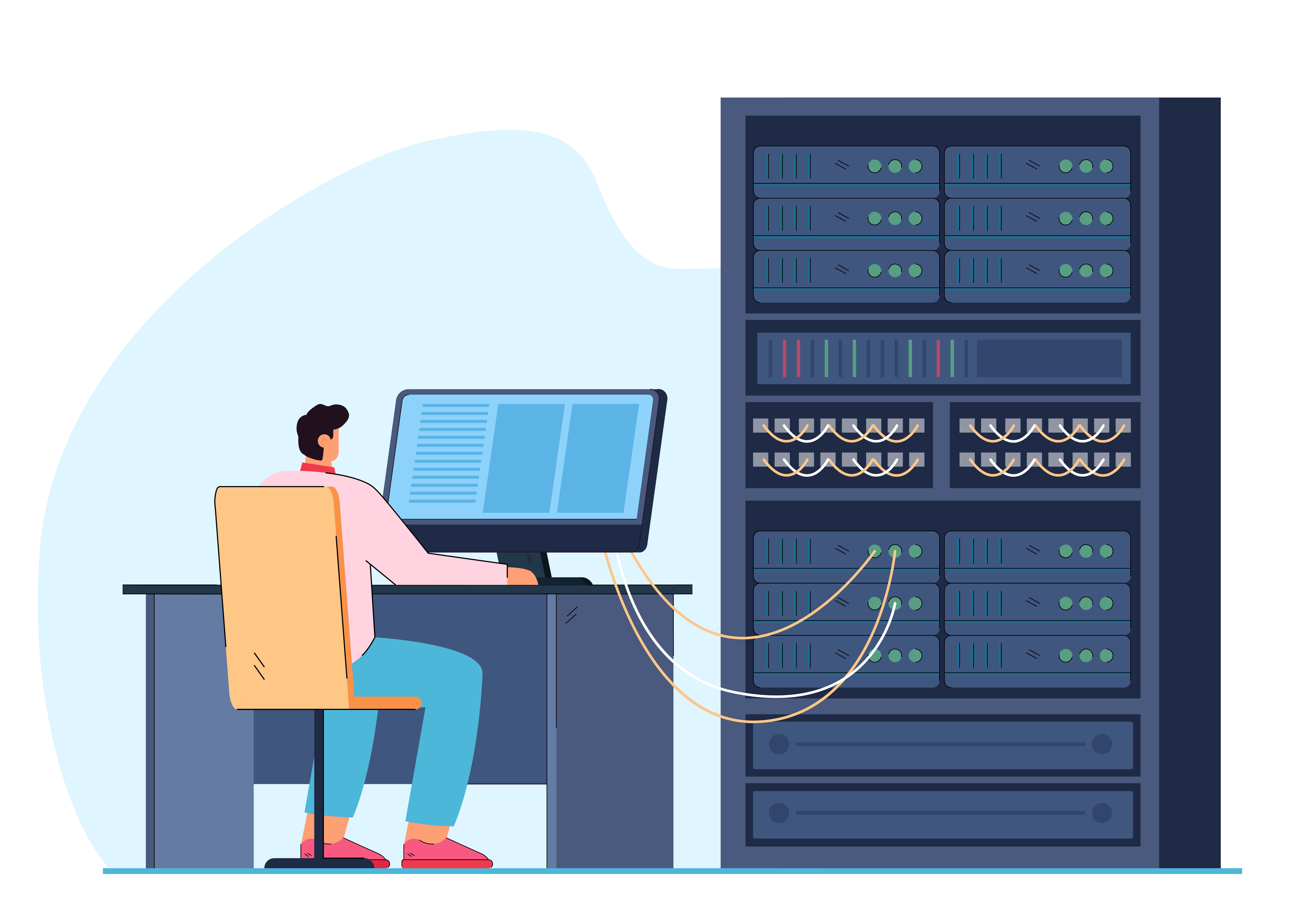 Man working on a computer plugged into large server