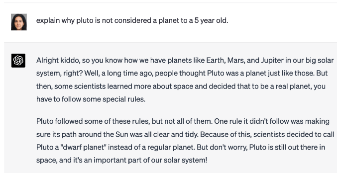 A sample chat that explains why Pluto is not part of the solar system to a 5-year-old.