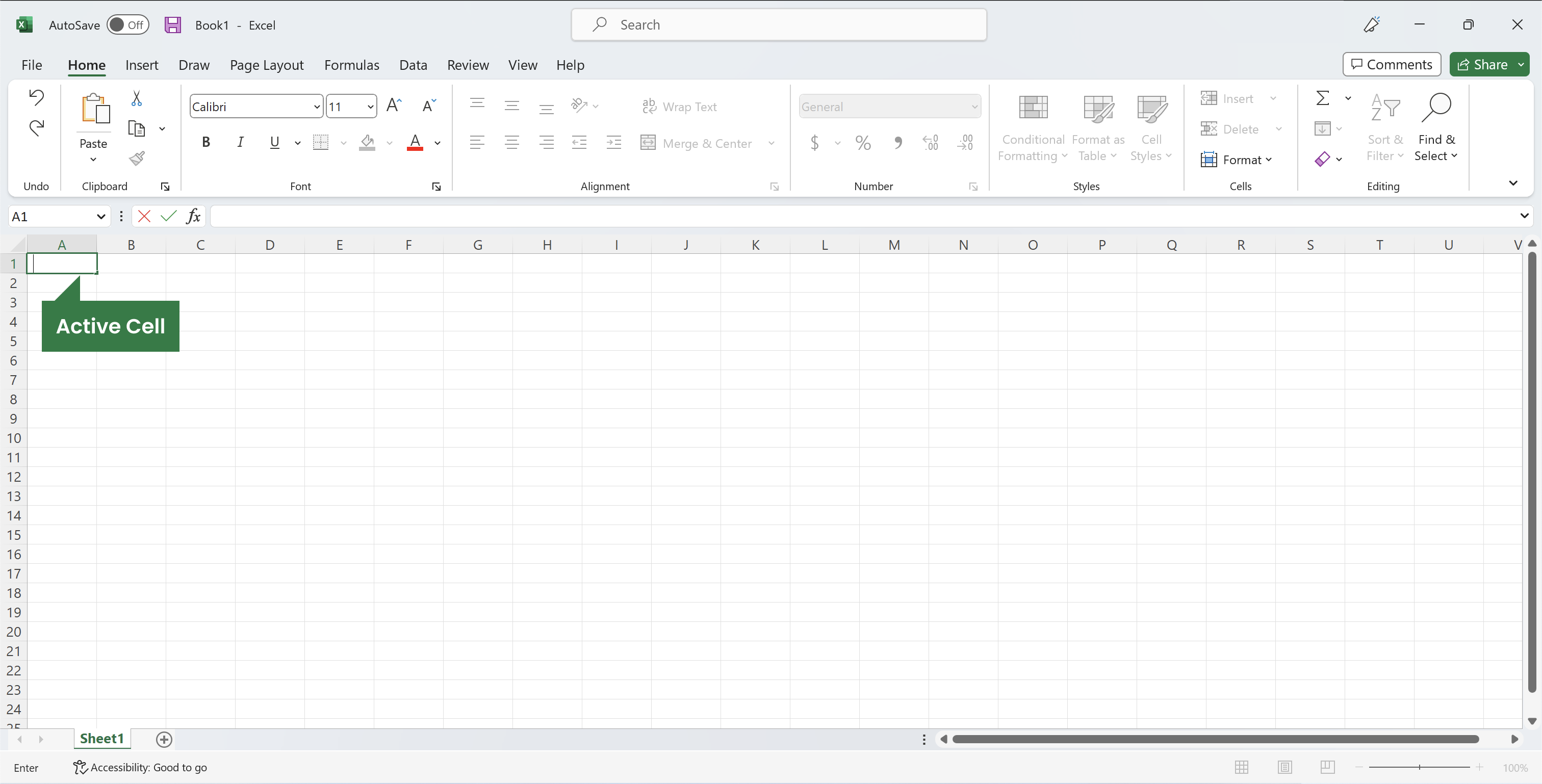 Excel file highlighting the active cell