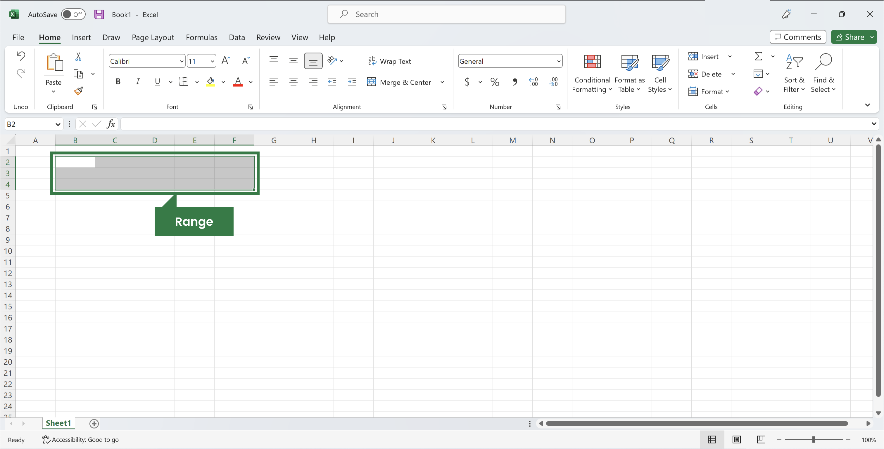 Excel file highlighting a range selection