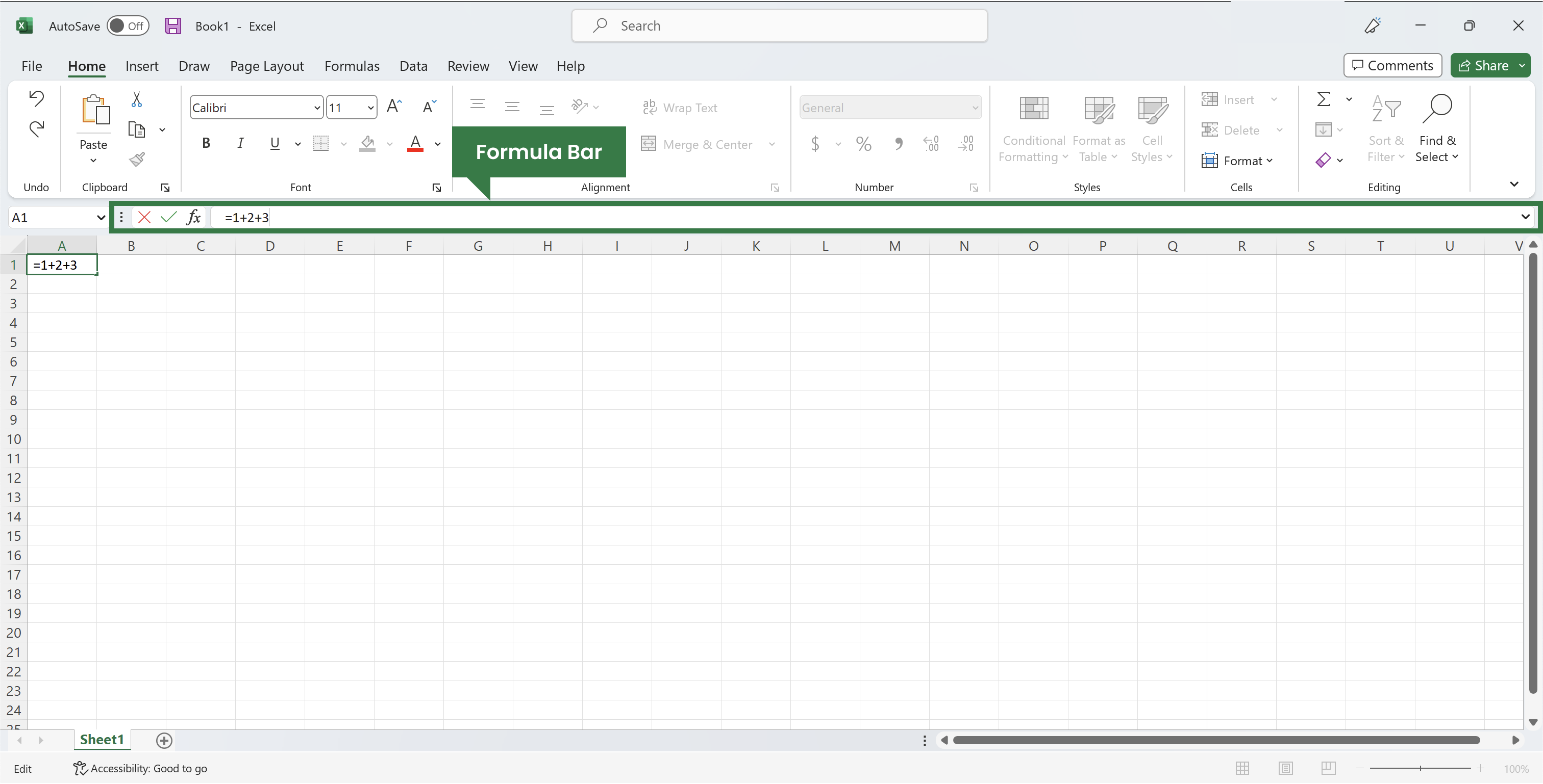 Excel file highlighting the formula bar