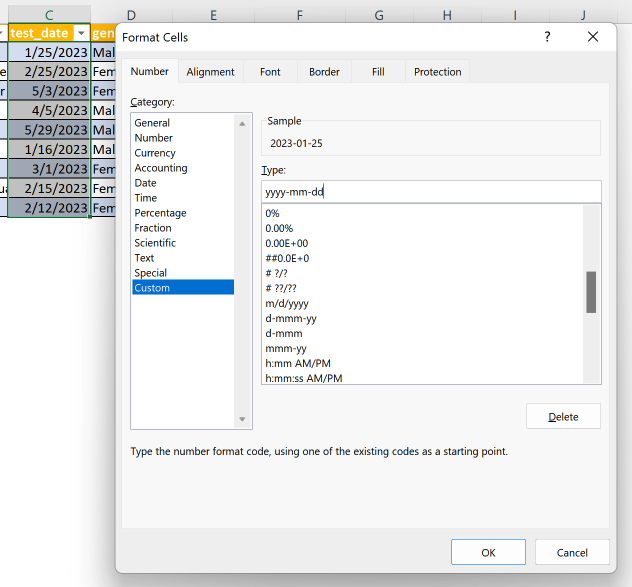 Screenshot of the test results data, with the test_date column selected and the format being changed to a custom format