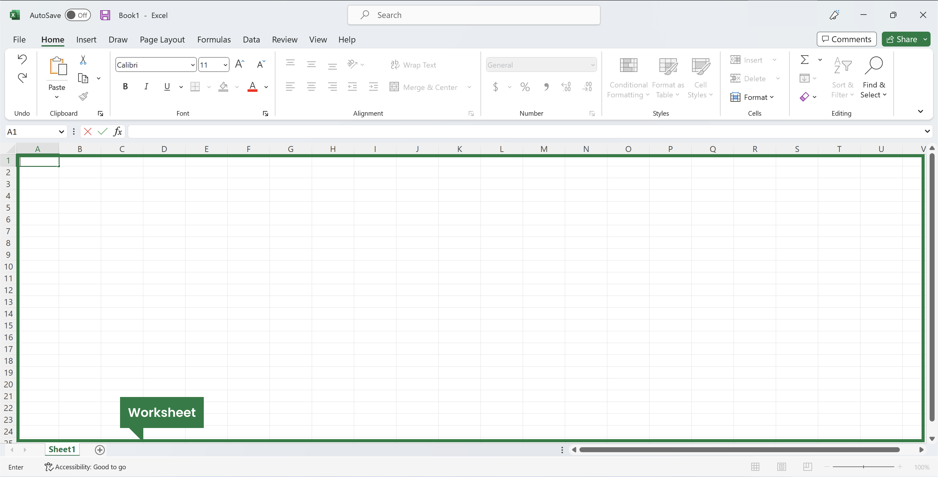 Excel file highlighting the worksheet area