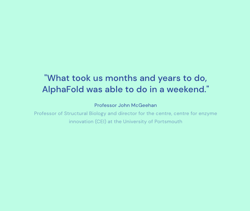 "What took us months and years to do, AlphaFold was able to do in a weekend." Professor John McGeehan Professor of Structural Biology and director for the centre for enzyme innovation (CEI) at the University of Portsmouth