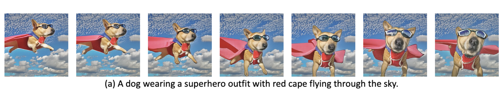 Frames of an AI-generated video of a flying dog