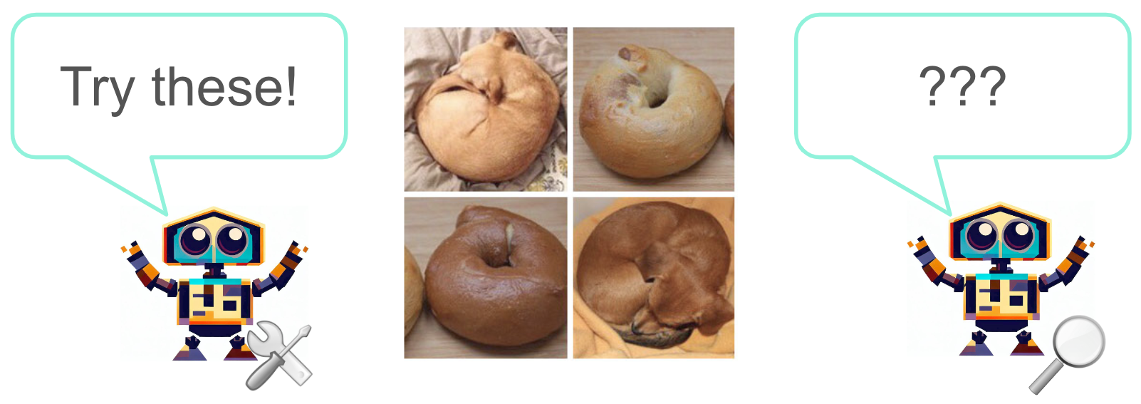 A cartoon generative model challenging a discriminative model with pictures of puppies curled up to look very similar to bagels
