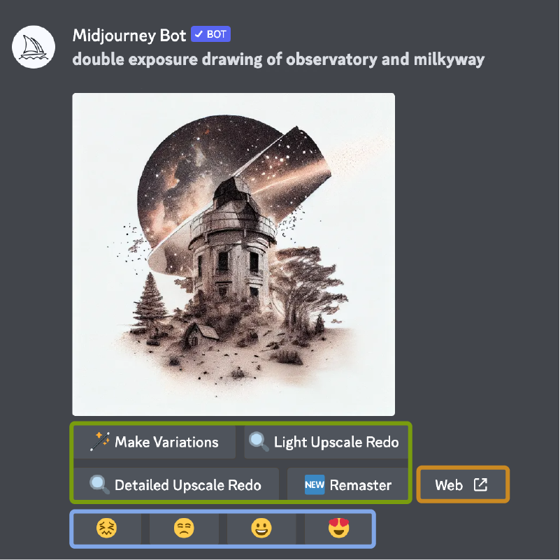 A screenshot of the Midjourney user interface with options for rating an image result.