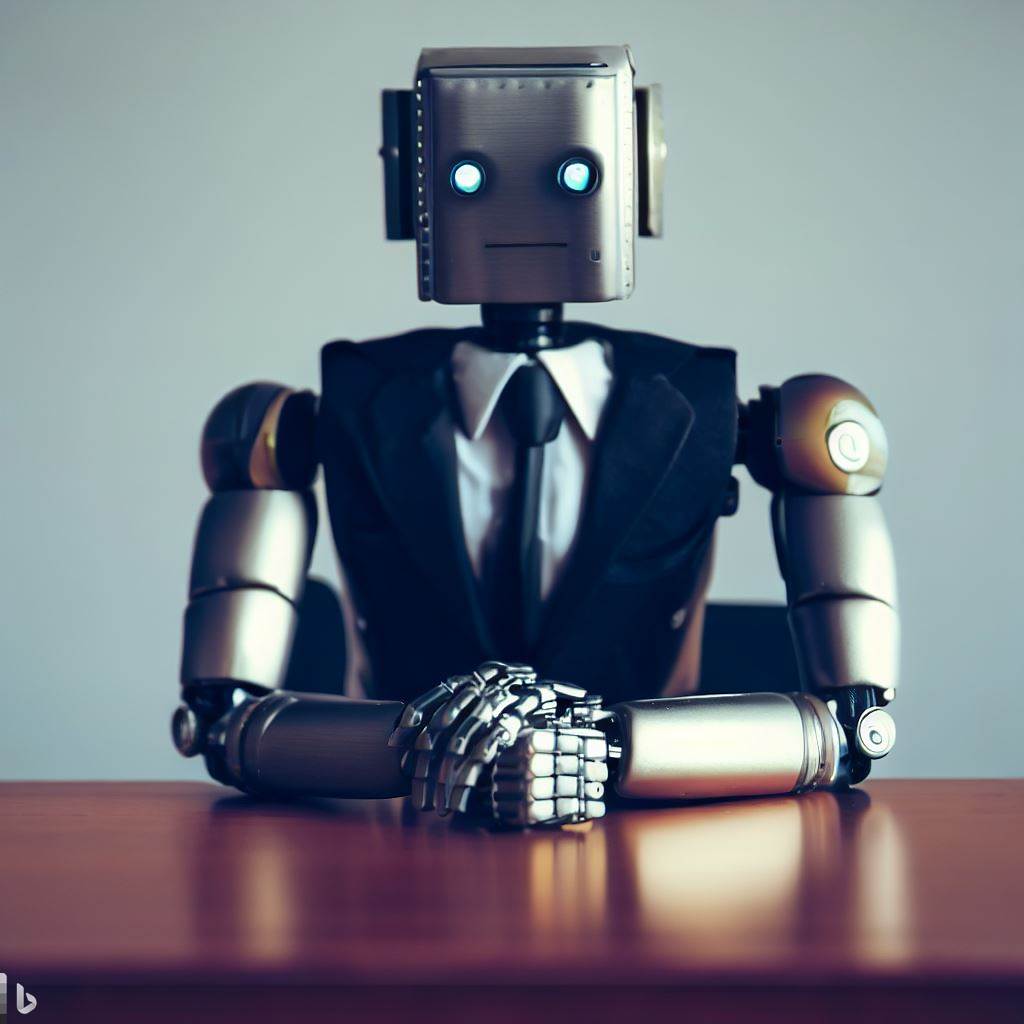 A robot wearing a suit sitting at an office desk facing the camera. It's in a position of attention, with its hands clasped, leaning forward into the desk.