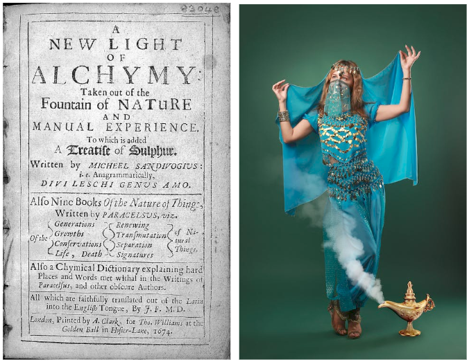 Images of an alchemy manuscript and a genie coming out of a magic lamp