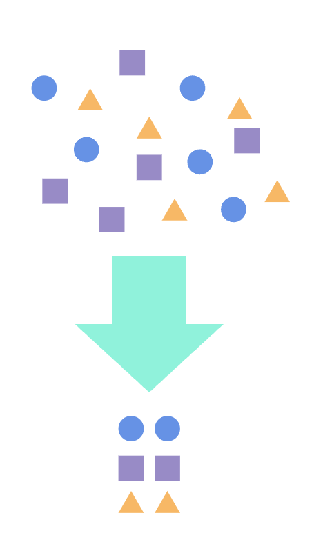 A collection of shapes of different colors and a representative sample of them selected