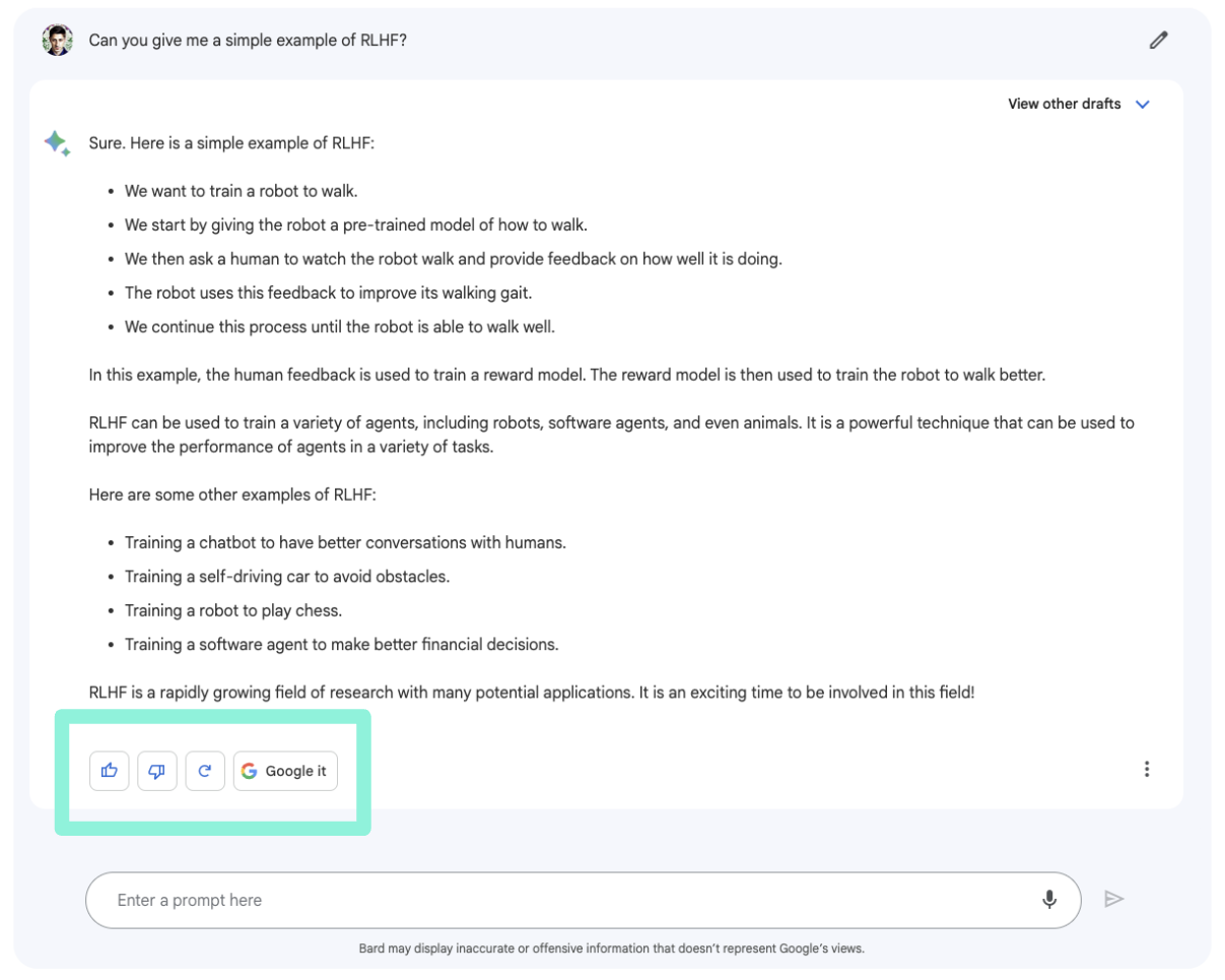 Image of the Google Bard chat interface with the 'thumbs up' and 'thumbs down' feedback options highlighted