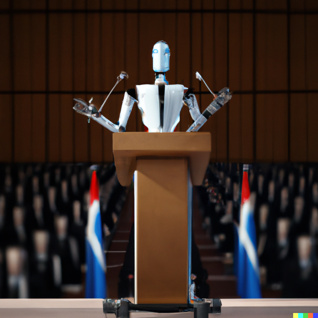 Photorealistic robot politician giving a speech at the UN