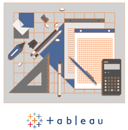 An illustration of a workplace and a logo of Tableau