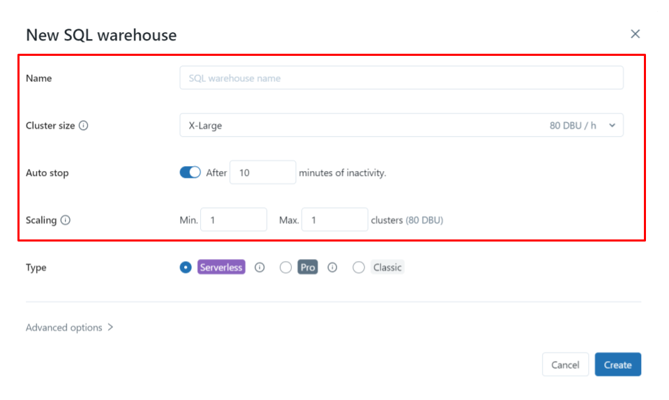 SQL Warehouse UI - Cluster Size
