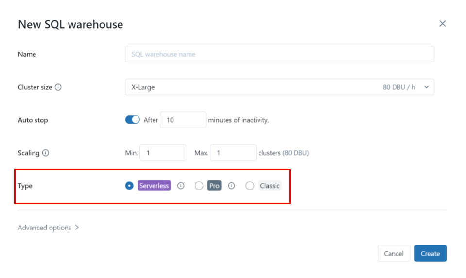 SQL Warehouse UI - Cluster Type