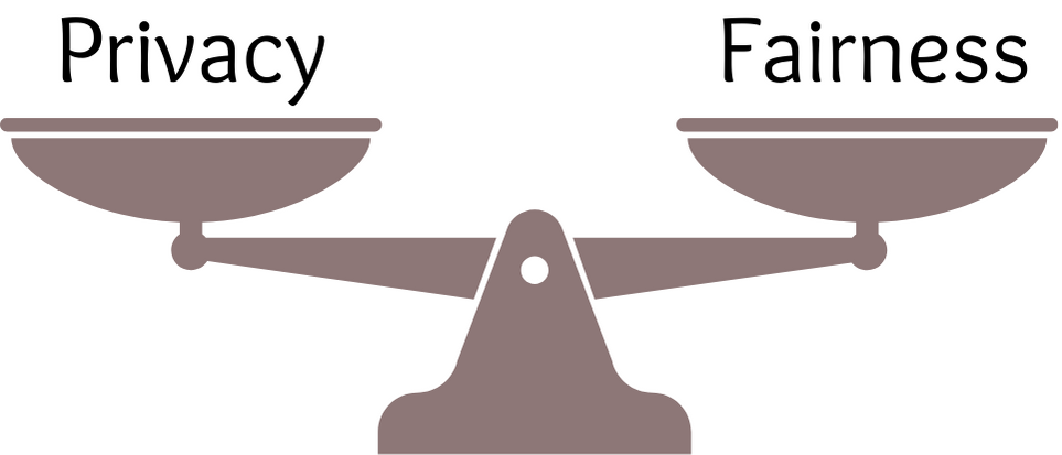 A balancing scale weighing privacy and fairness.