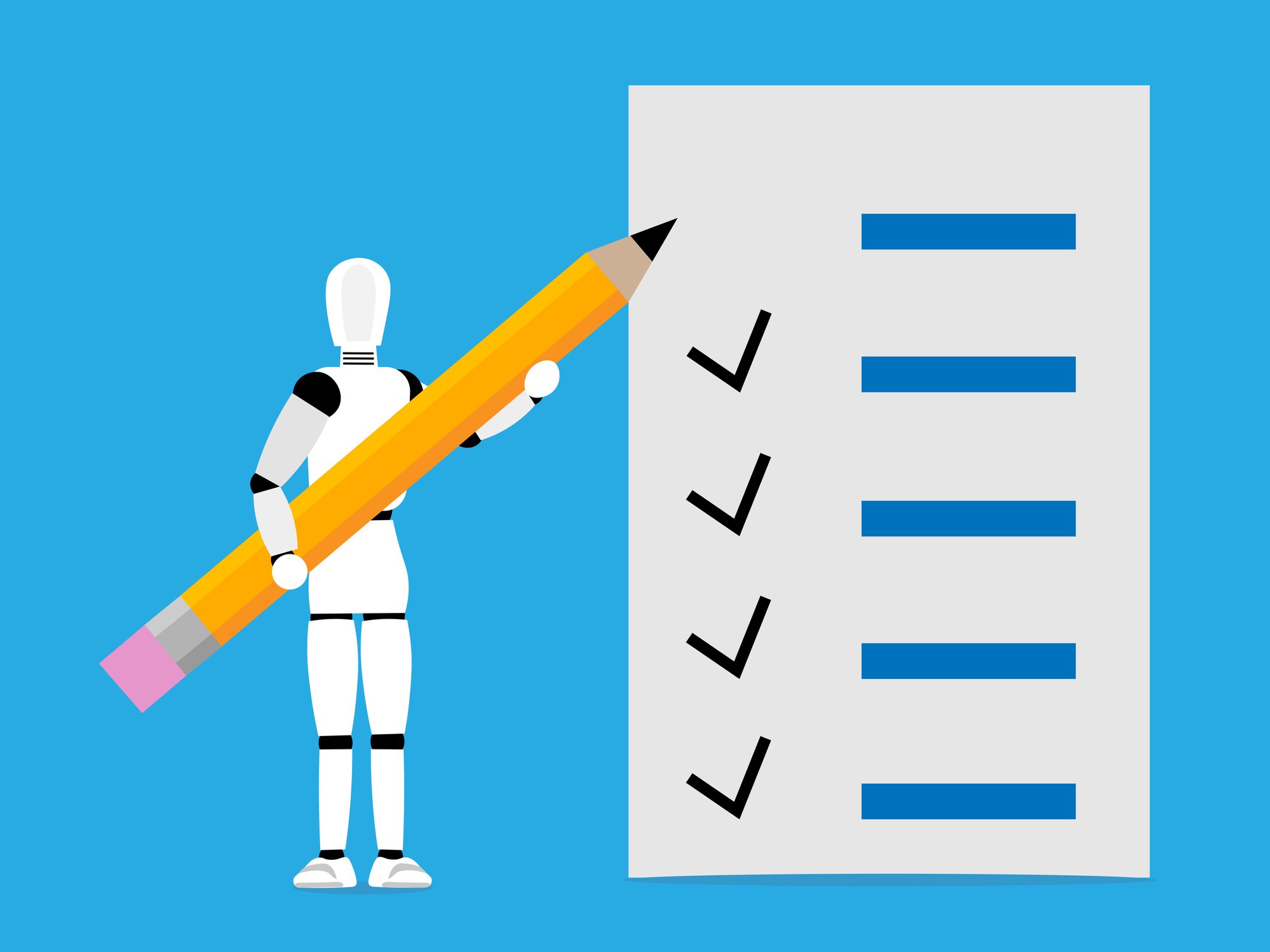 An image showing a robot standing next to a check list.