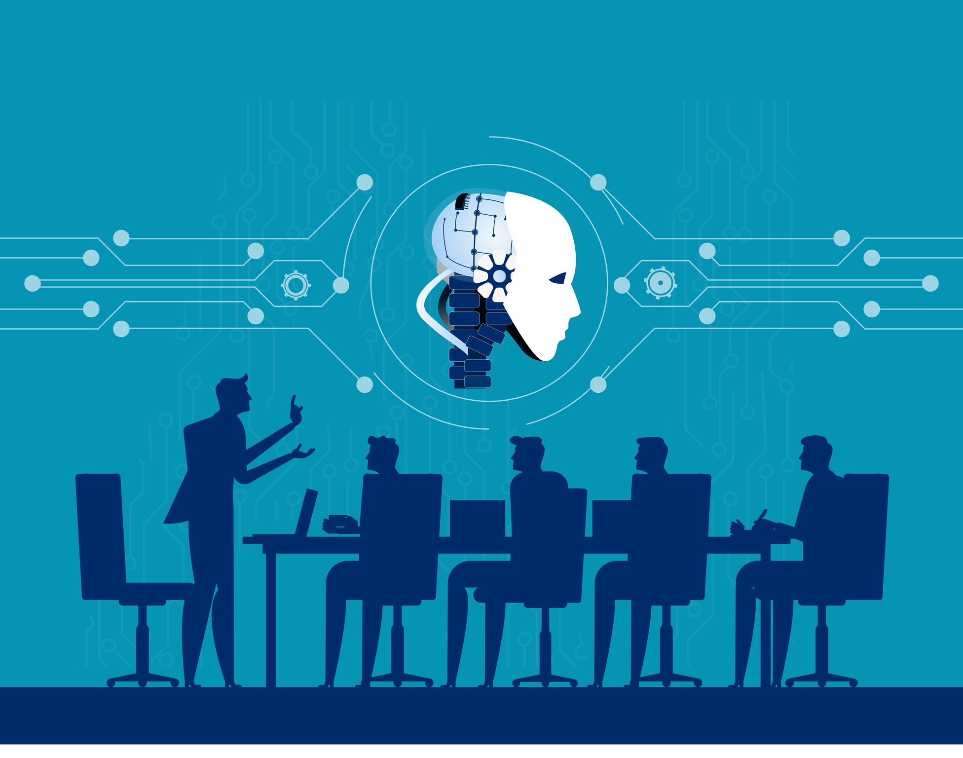 An illustration of people raising concerns about AI during a meeting.