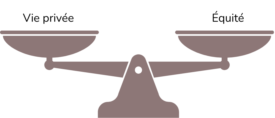 A balancing scale weighing privacy and fairness.