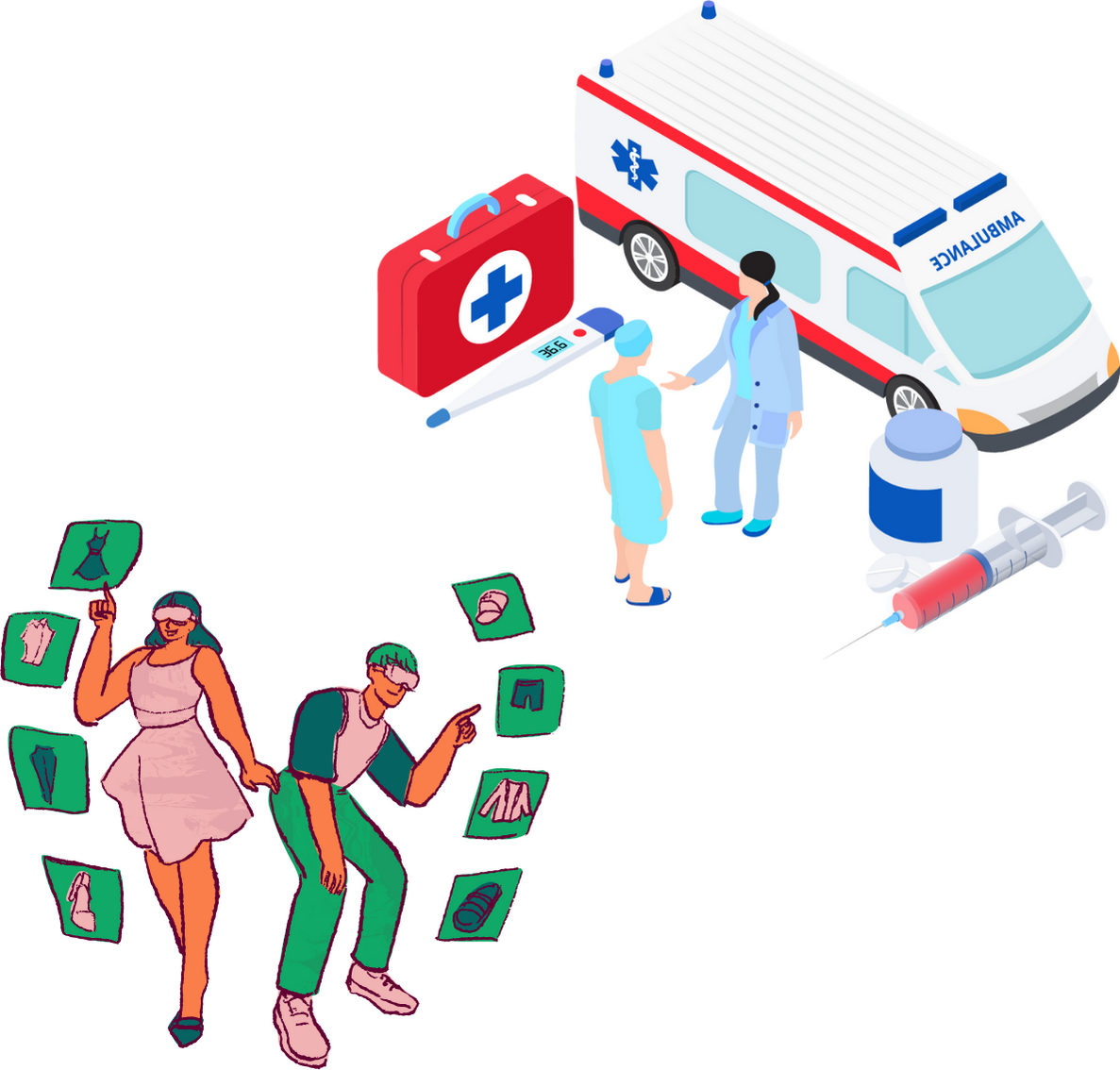 An illustration of the healthcare and retail industries.