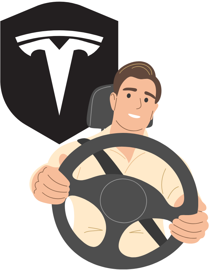 An image showing a driver and a Tesla logo.