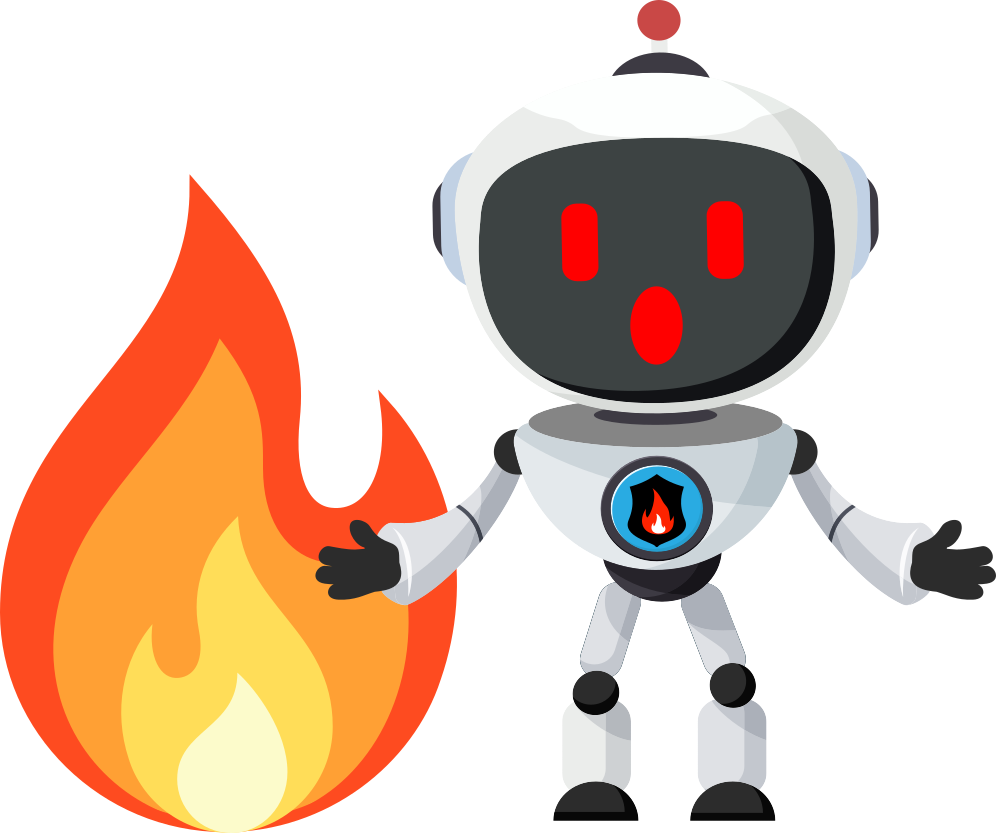 A robot standing right next to burning fire.