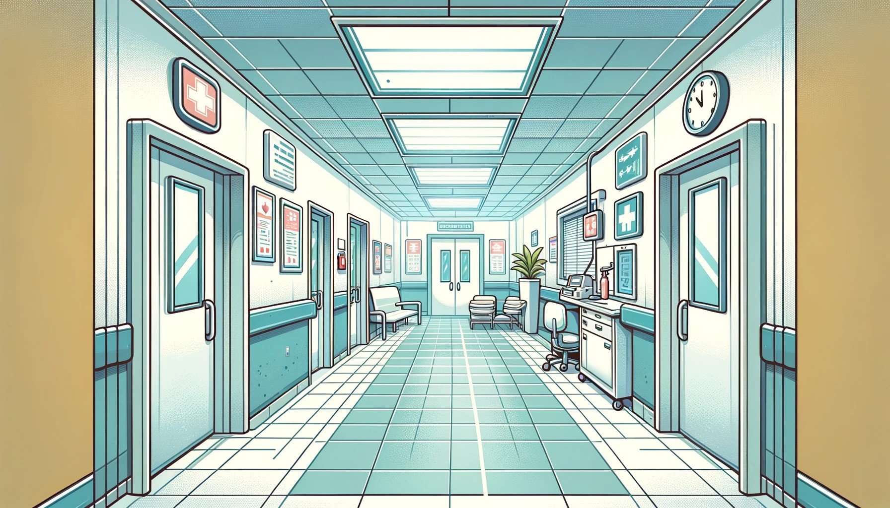 A hospital corridor showing different doors to different departments.
