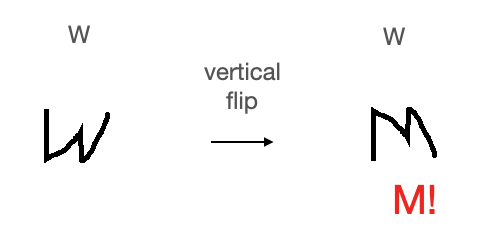 The letter "W" after vertical flip looks like the letter "M".
