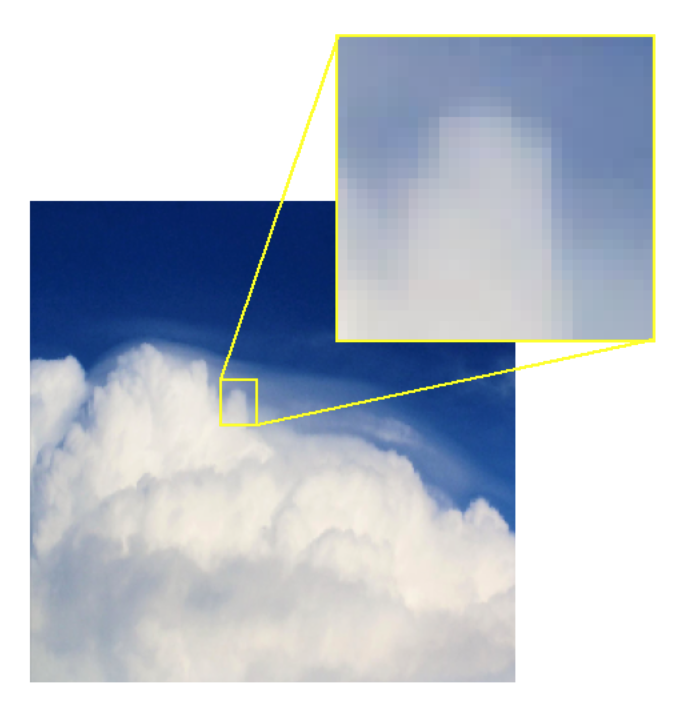 A cloud image with a part of it zoomed-in so that pixels are visible.