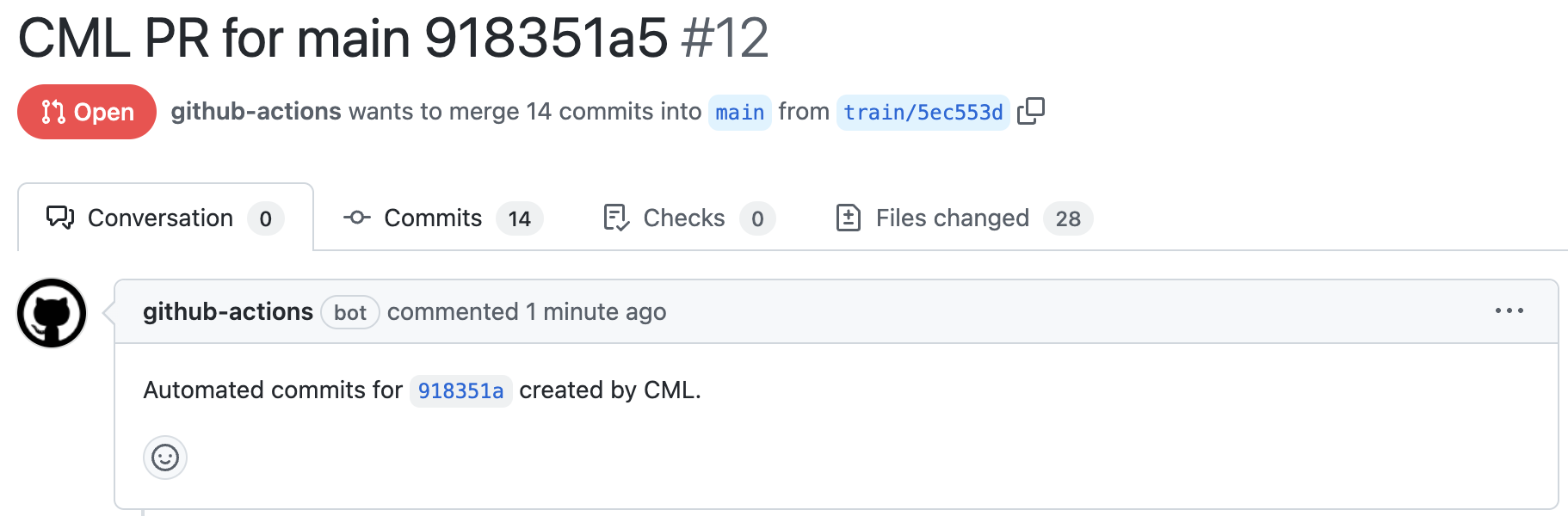 Top screenshot of new model training PR created as an outcome of GHA workflow