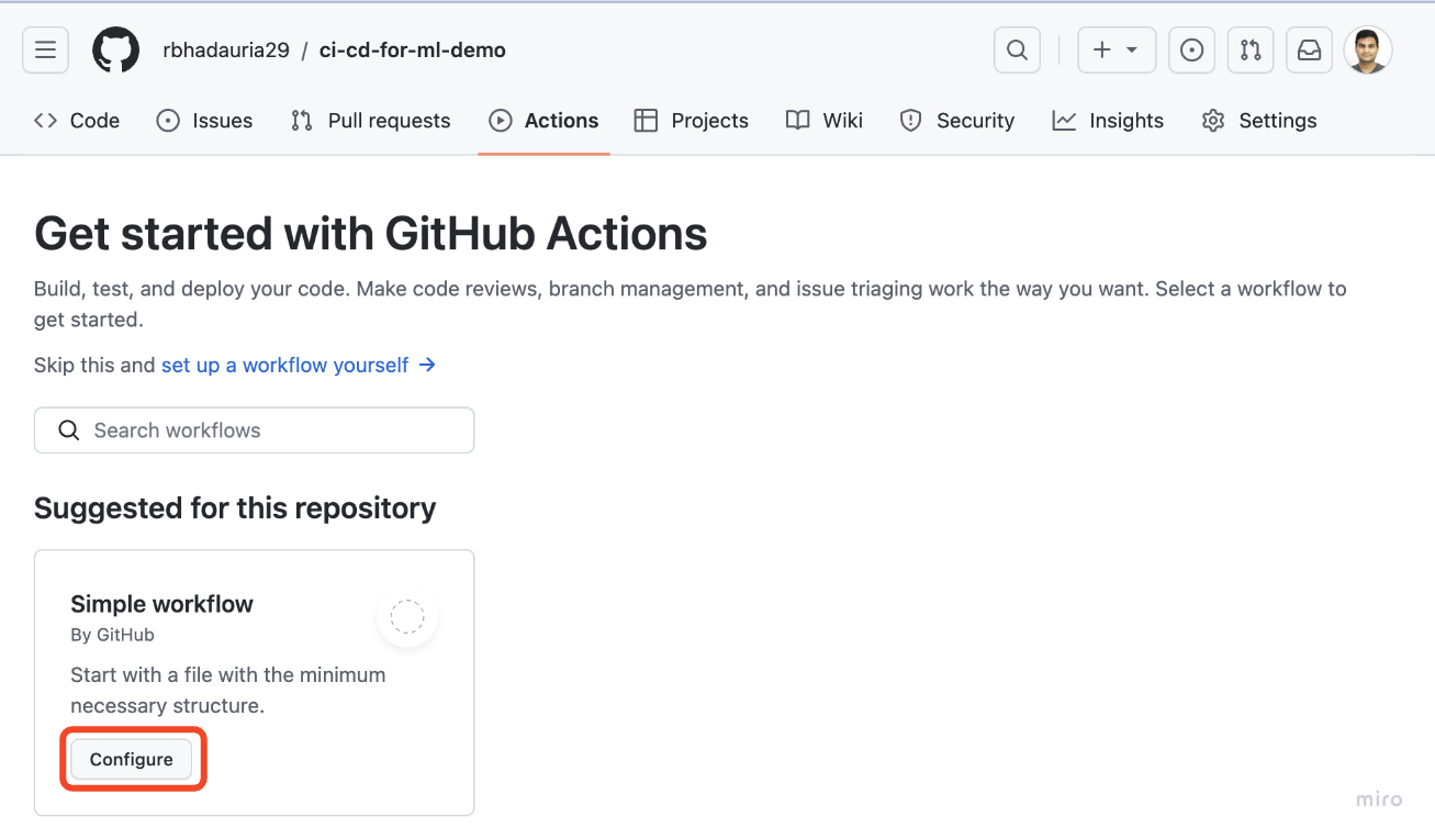 Image highlighting the Configure tab on the actions page of the repository